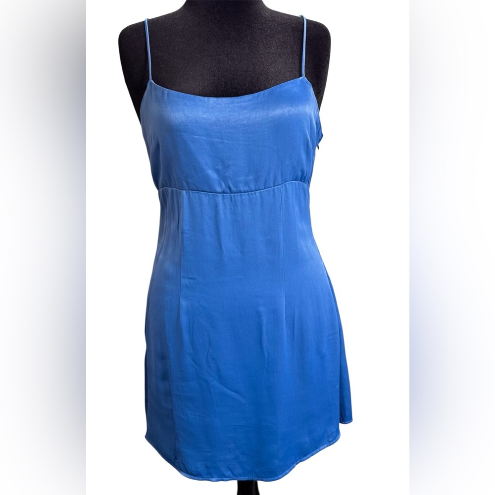 Anthropologie Blue Mini Dress with Spaghetti Straps Satin Size 10 - Picture 2 of 11